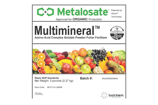 Metalosate Multimineral fertilizer packaging with images of fruits and vegetables on a white background