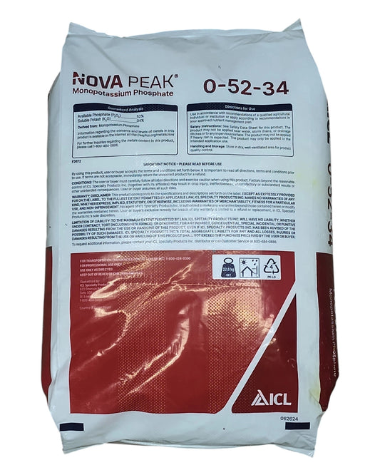 ICL PeaK MKP 0-52-34 fertilizer 50 lb. BAG BACKSIDE