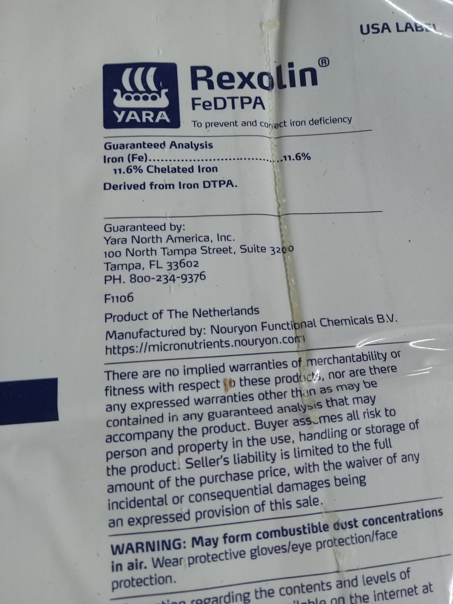 Rexolin Iron Chelate 11% DTPA 55lb. bag label