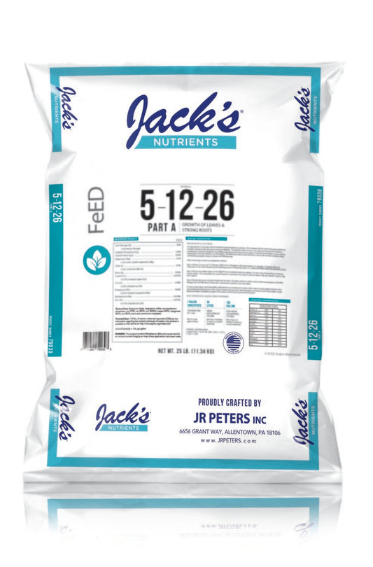 Bag of Jack's Nutrients FeED 5-12-26 fertilizer on a white background
