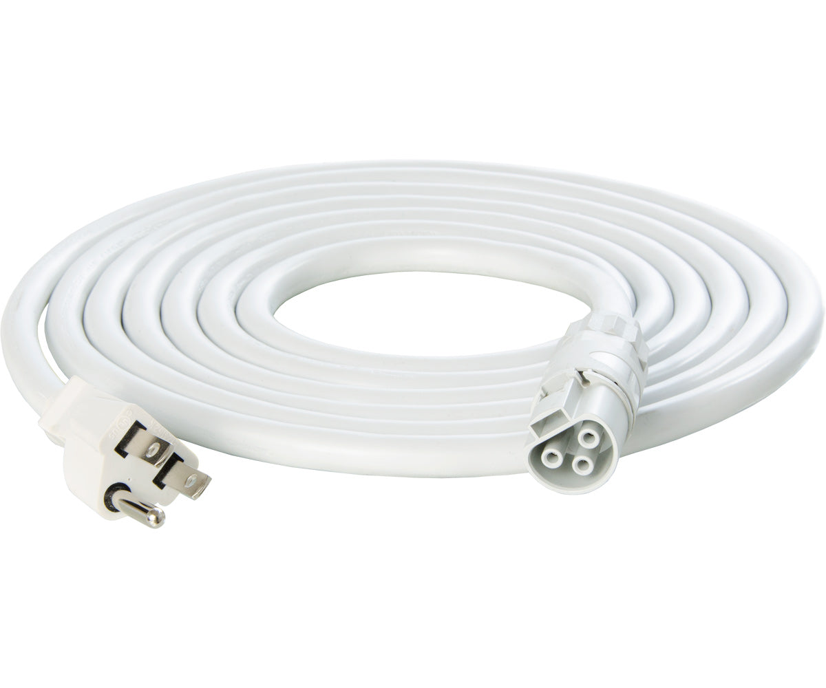 Coiled white PHOTOBIO power harness with 5-15P plug and fixture connector