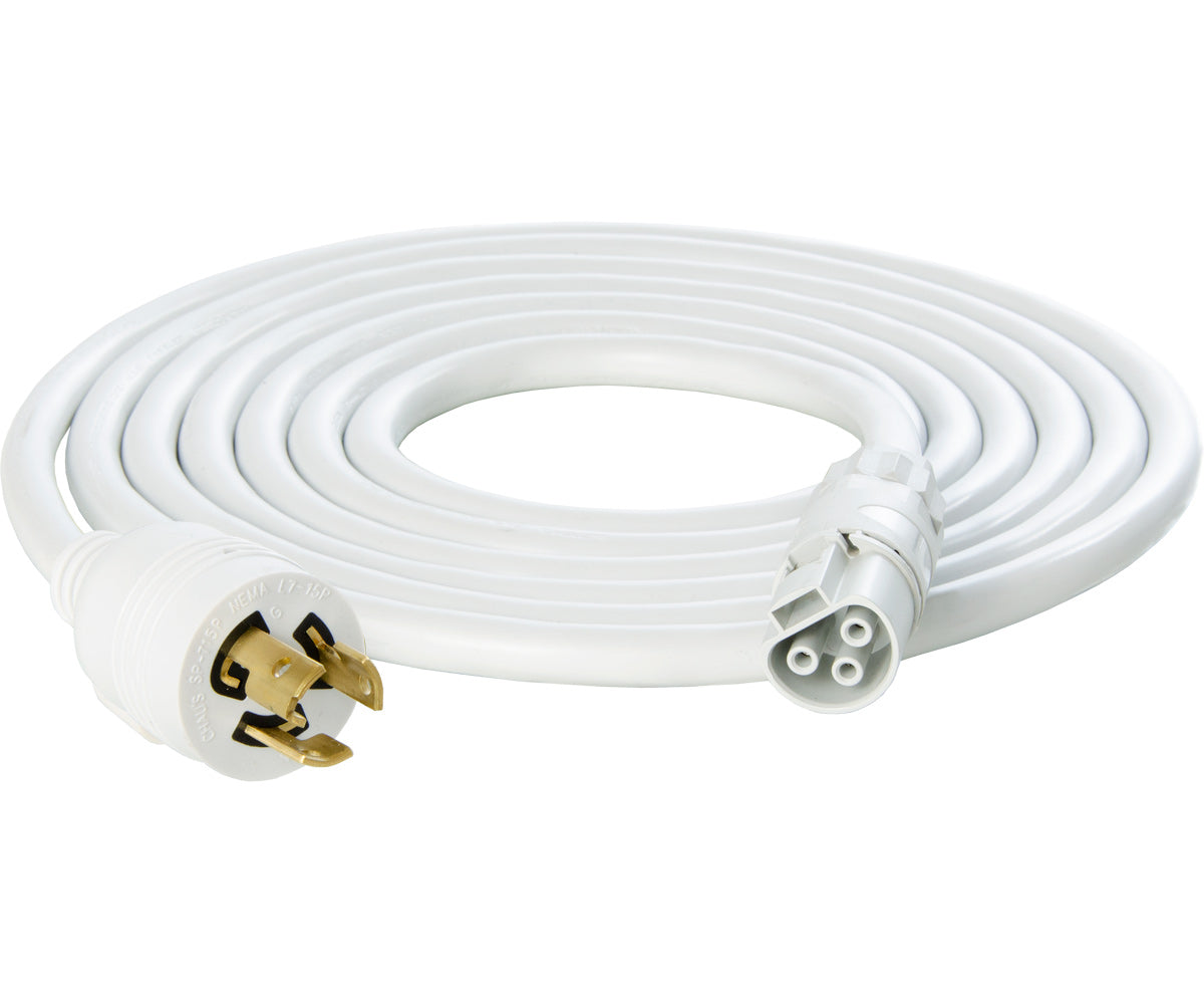 Coiled white PHOTOBIO power harness with L7-15P plug and fixture connector