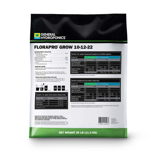 General Hydroponics FloraPro Grow fertilizer packaging on a white background