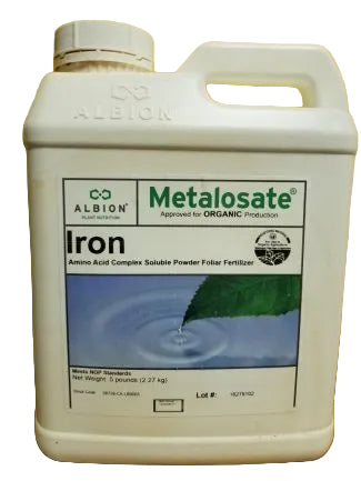 Metalosate iron fertilizer container with Albion logo on a white background