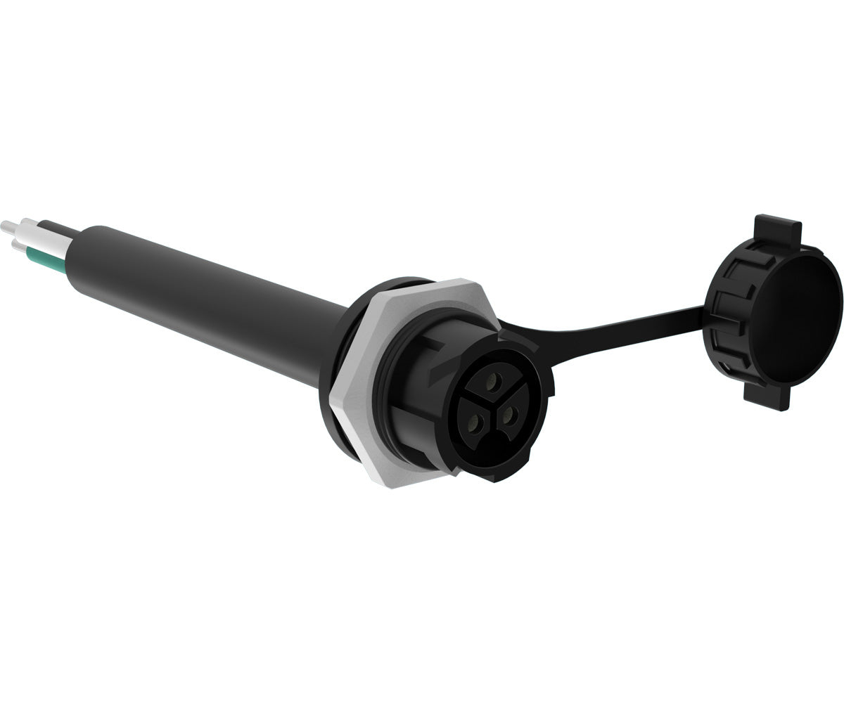 PHOTOBIO M25 female panel-mount connector with cap and bare-wire pigtail