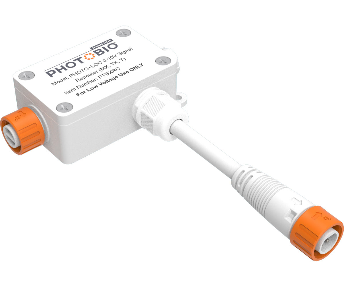 White PHOTOBIO PHOTO LOC signal repeater with labeled enclosure and orange connectors