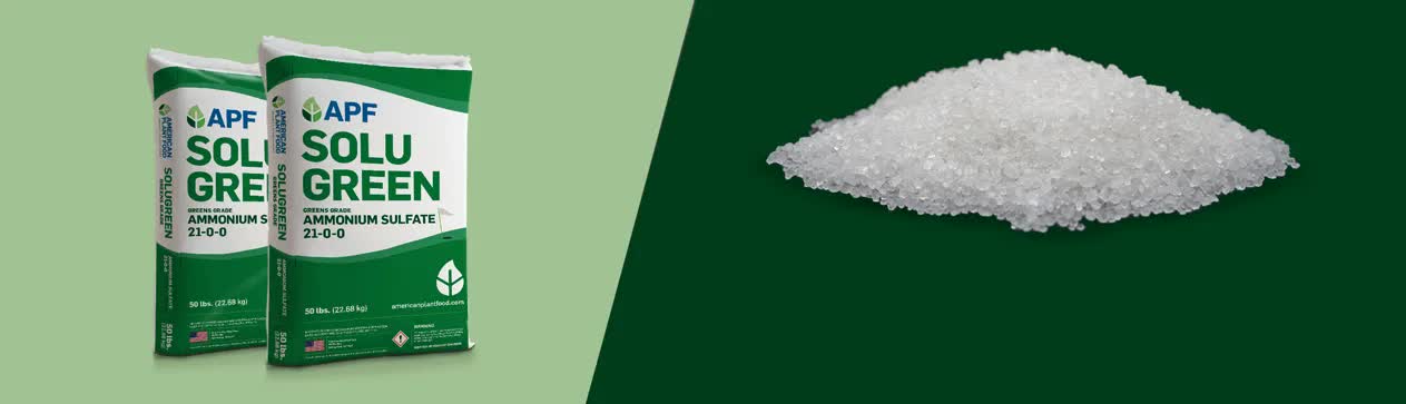 SoluGreen 21-0-0 ammonium sulfate fertilizer banner — water soluble nitrogen and sulfur for fertigation, foliar, and hydroponics
