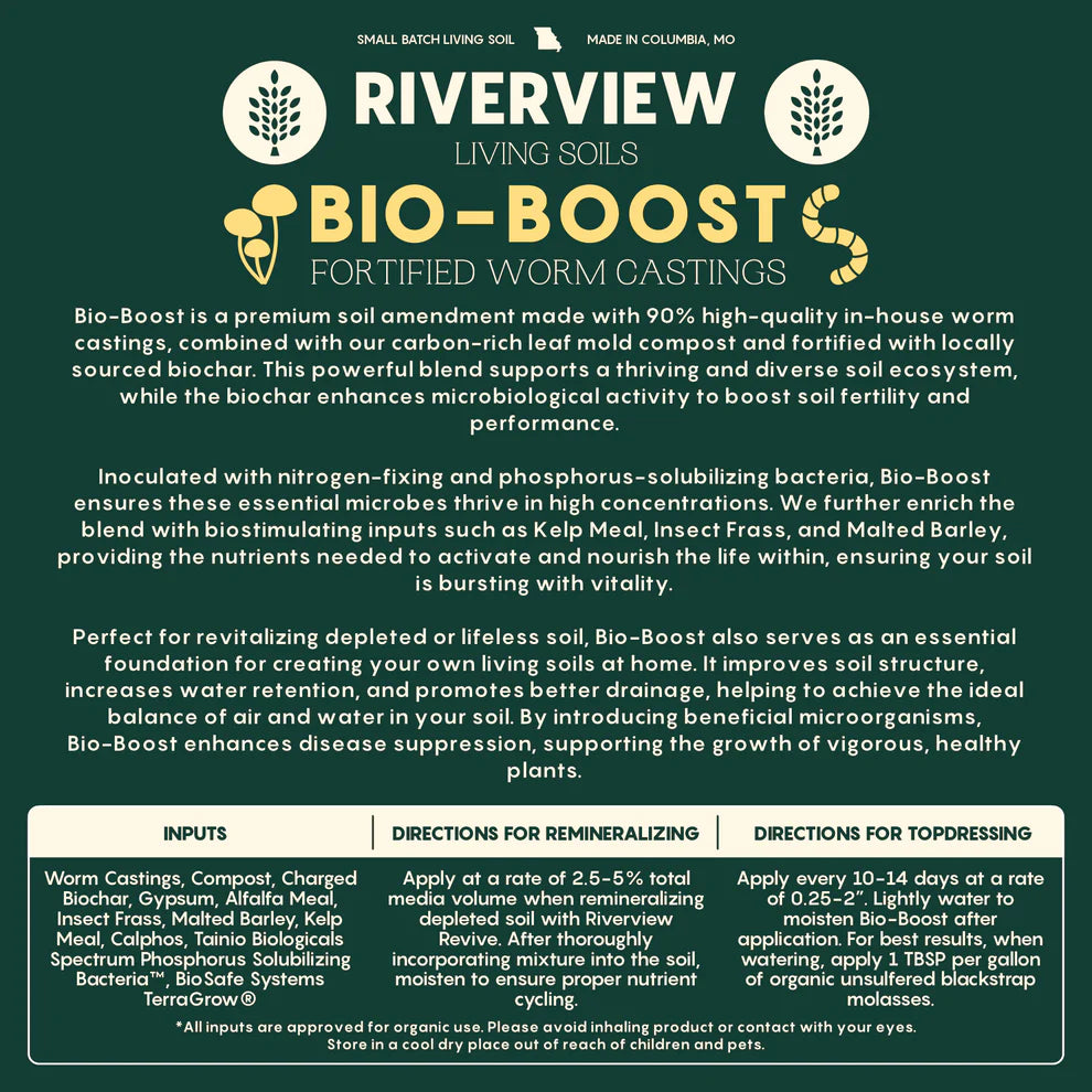 Bio-Boost product information — inputs, application rates, and usage directions for fortified worm castings
