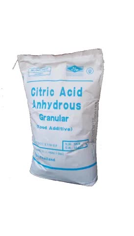 Citric acid anhydrous 50 lb bag side view — fermentation-derived, free-flowing white crystalline powder