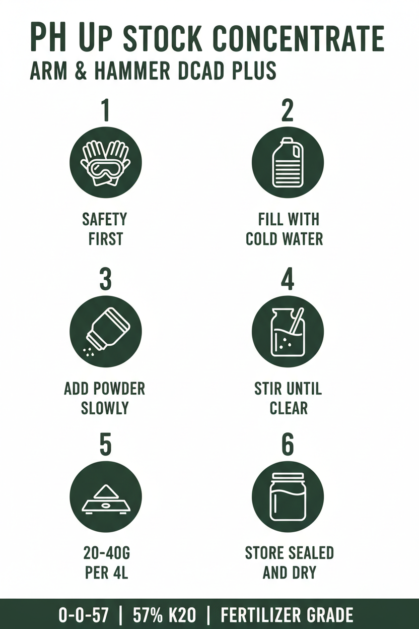 Step-by-step infographic showing how to make a pH UP stock concentrate using Arm & Hammer DCAD Plus Potassium Carbonate Sesquihydrate. Steps include: wear safety gear, fill with cold water, add powder slowly, stir until clear, use 20-40g per 4 liters, and store sealed and dry. Fertilizer grade 0-0-57, 57% K2O.