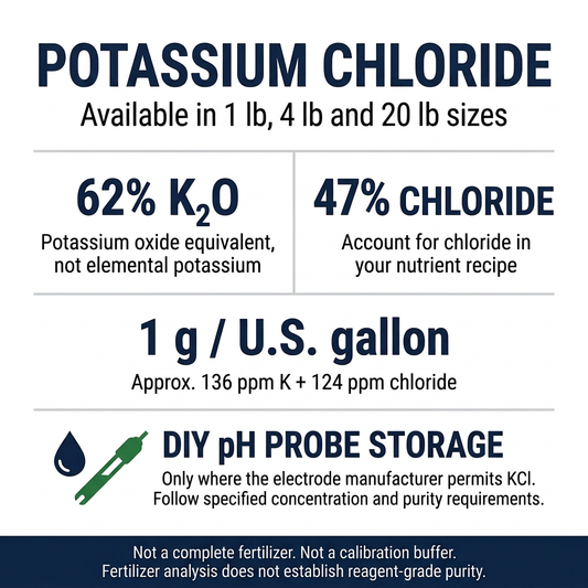 Potassium chloride analysis, nutrient contribution per U.S. gallon, and qualified DIY pH probe storage guidance.