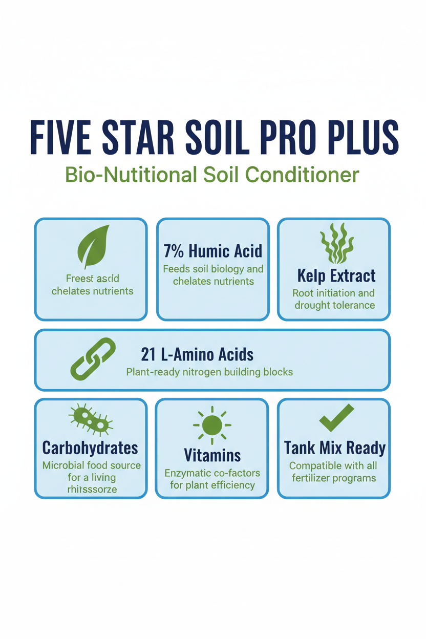 Five Star Soil Pro Plus infographic — 7% humic acid, 21 L-amino acids, kelp extract, carbohydrates, vitamins