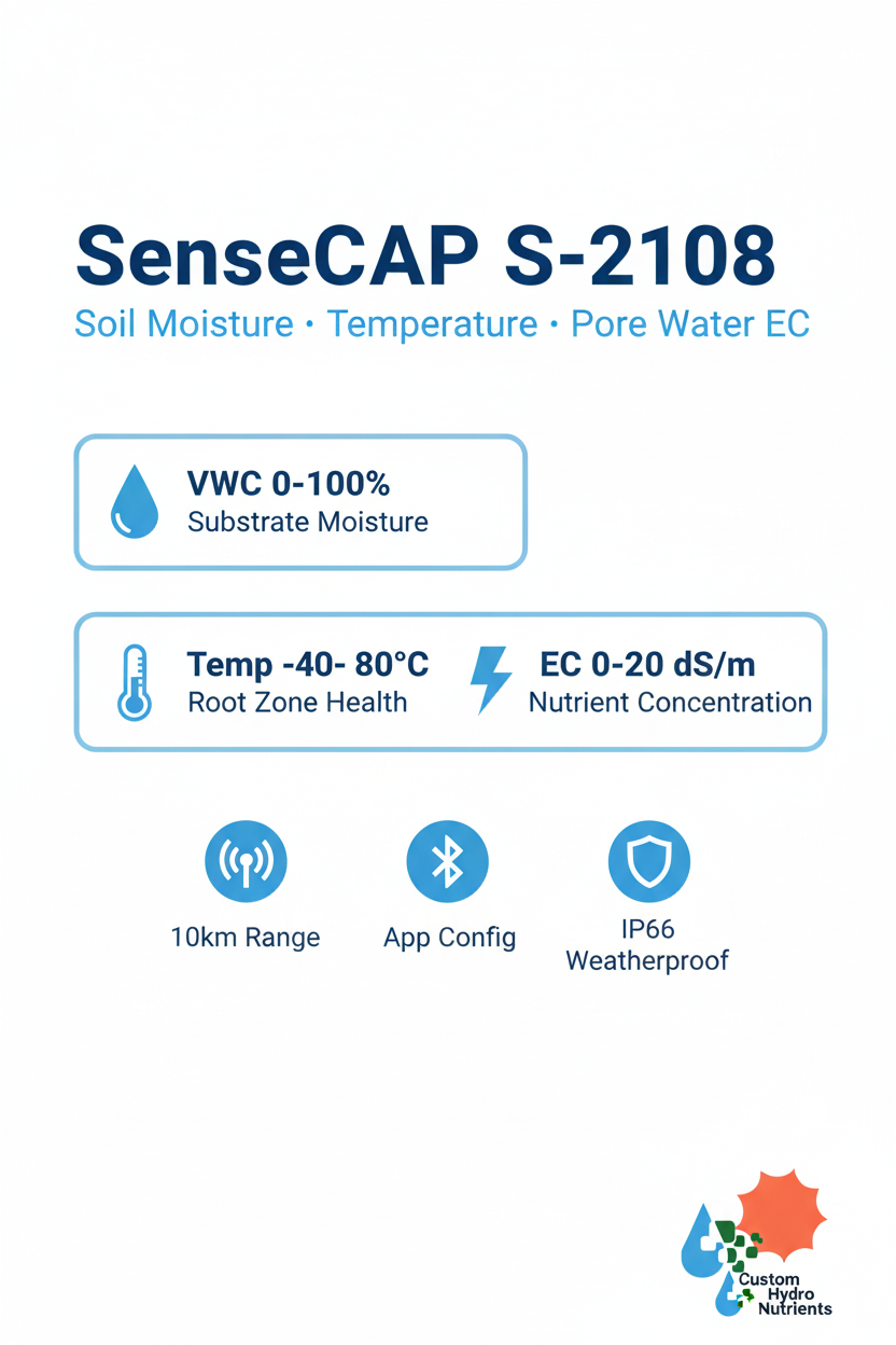 SenseCAP S-2108 LoRaWAN soil moisture, temperature, and pore water EC sensor infographic — VWC, temp, and EC specs for commercial greenhouse monitoring