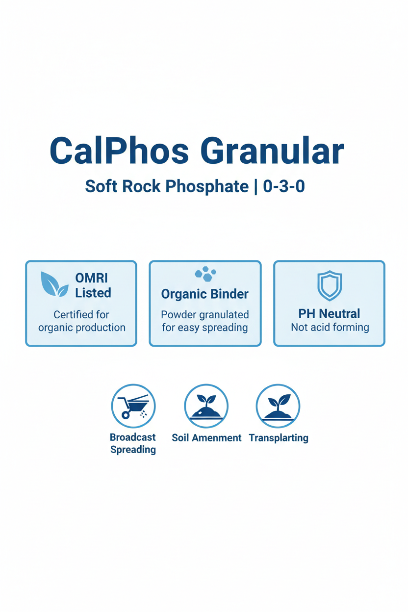 CalPhos granular soft rock phosphate infographic — 0-3-0, OMRI listed, organic binder granulated for easy spreading