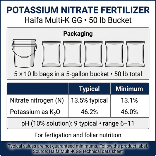 Haifa Multi-K GG potassium nitrate fertilizer, 50 lb bucket containing five 10 lb bags. Typical analysis: 13.5% nitrate nitrogen and 46.2% K₂O; minimum specifications: 13.1% and 46.0%.