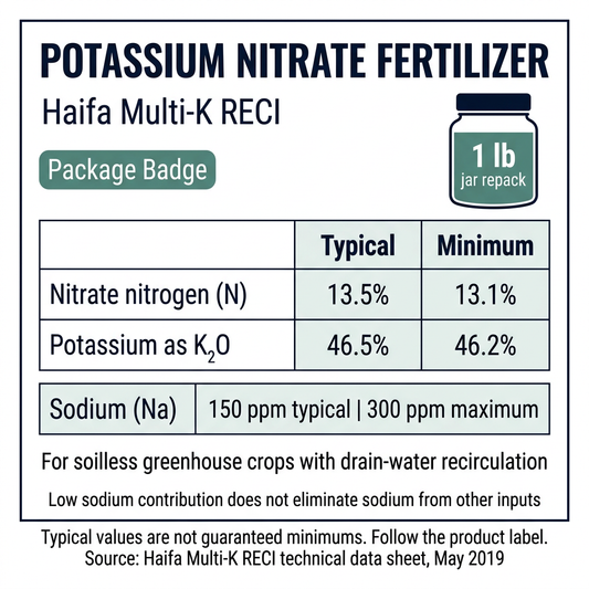 Haifa Multi-K RECI potassium nitrate fertilizer, 1 lb jar repack. Typical analysis: 13.5% nitrate nitrogen and 46.5% K₂O; minimum specifications: 13.1% and 46.2%. Sodium: 150 ppm typical, 300 ppm maximum.