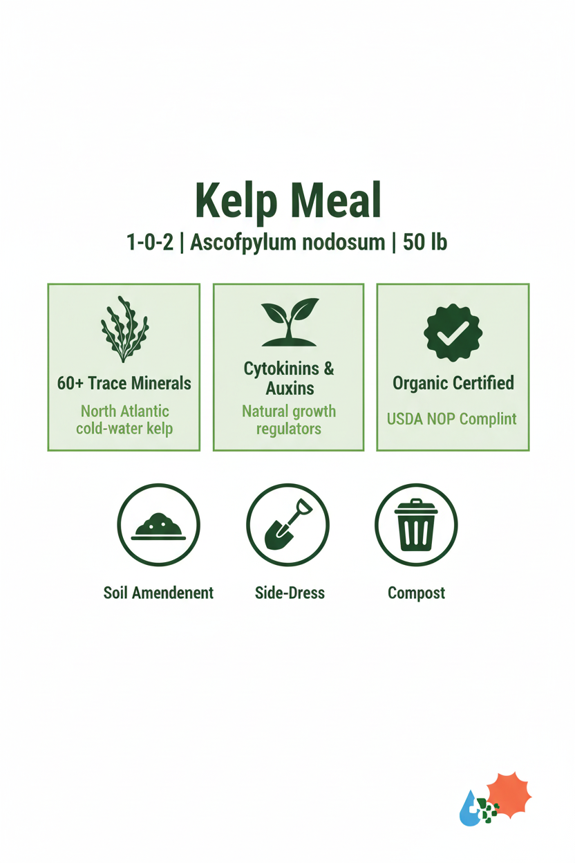 Kelp meal fertilizer 1-0-2 infographic showing 60+ trace minerals, cytokinins, organic certified, soil amendment and compost applications