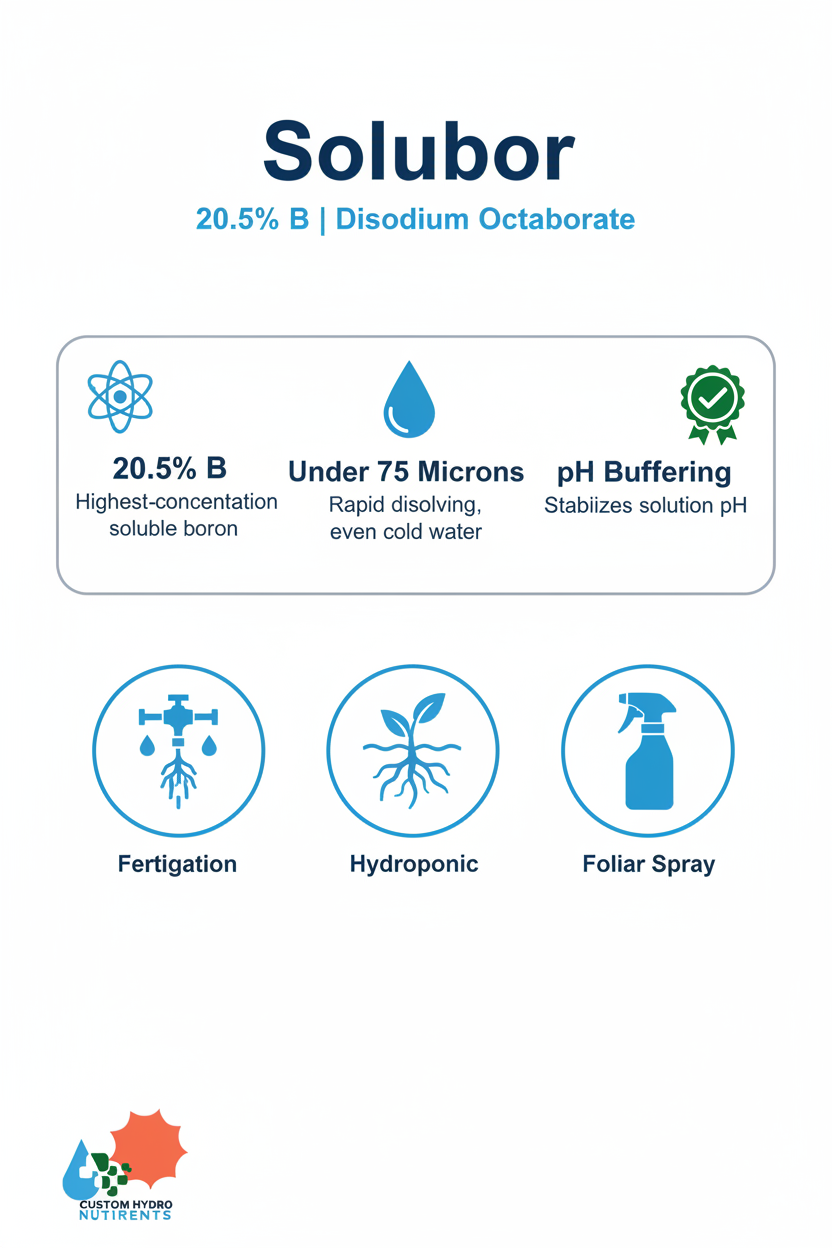 Solubor boron fertilizer 20.5% B infographic showing fertigation, hydroponic and foliar applications
