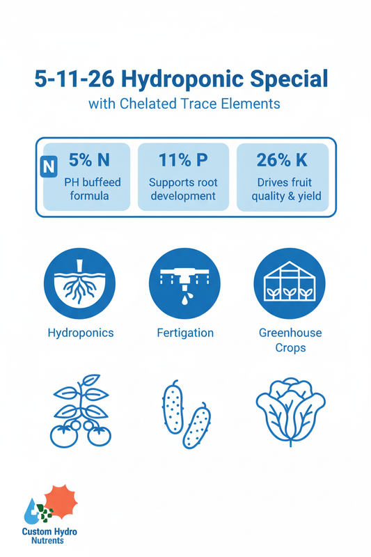 5-11-26 Hydroponic Special fertilizer infographic — 5% N, 11% P, 26% K, chelated trace elements, for hydroponics, tomatoes, cucumbers, lettuce