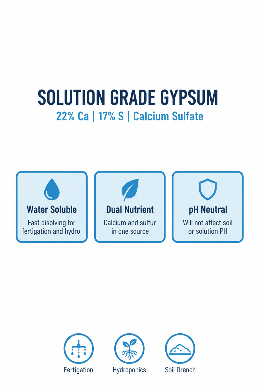 Solution Grade Gypsum infographic — 22% calcium 17% sulfur, water soluble, pH neutral, for fertigation hydroponics and soil