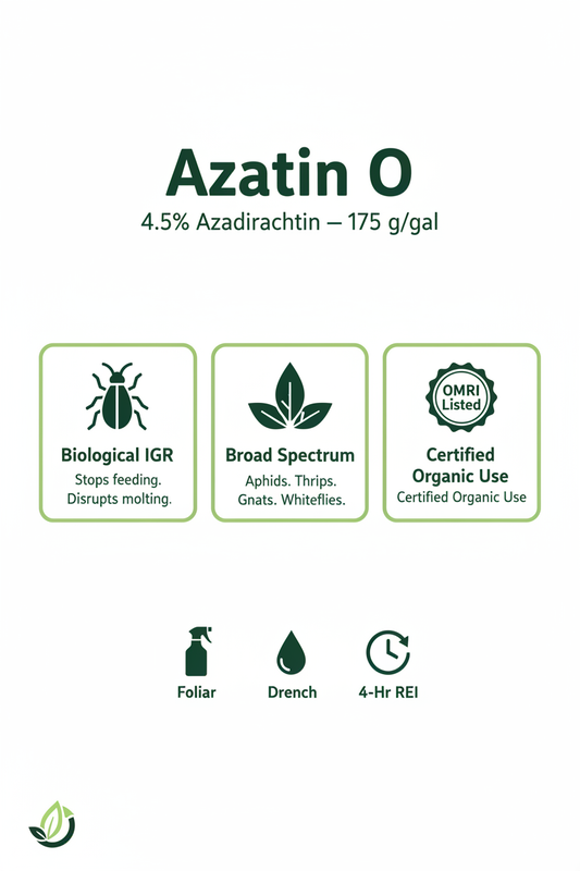 Azatin O 4.5% azadirachtin biological IGR infographic — OMRI Listed, broad spectrum, foliar and drench, 4-hr REI