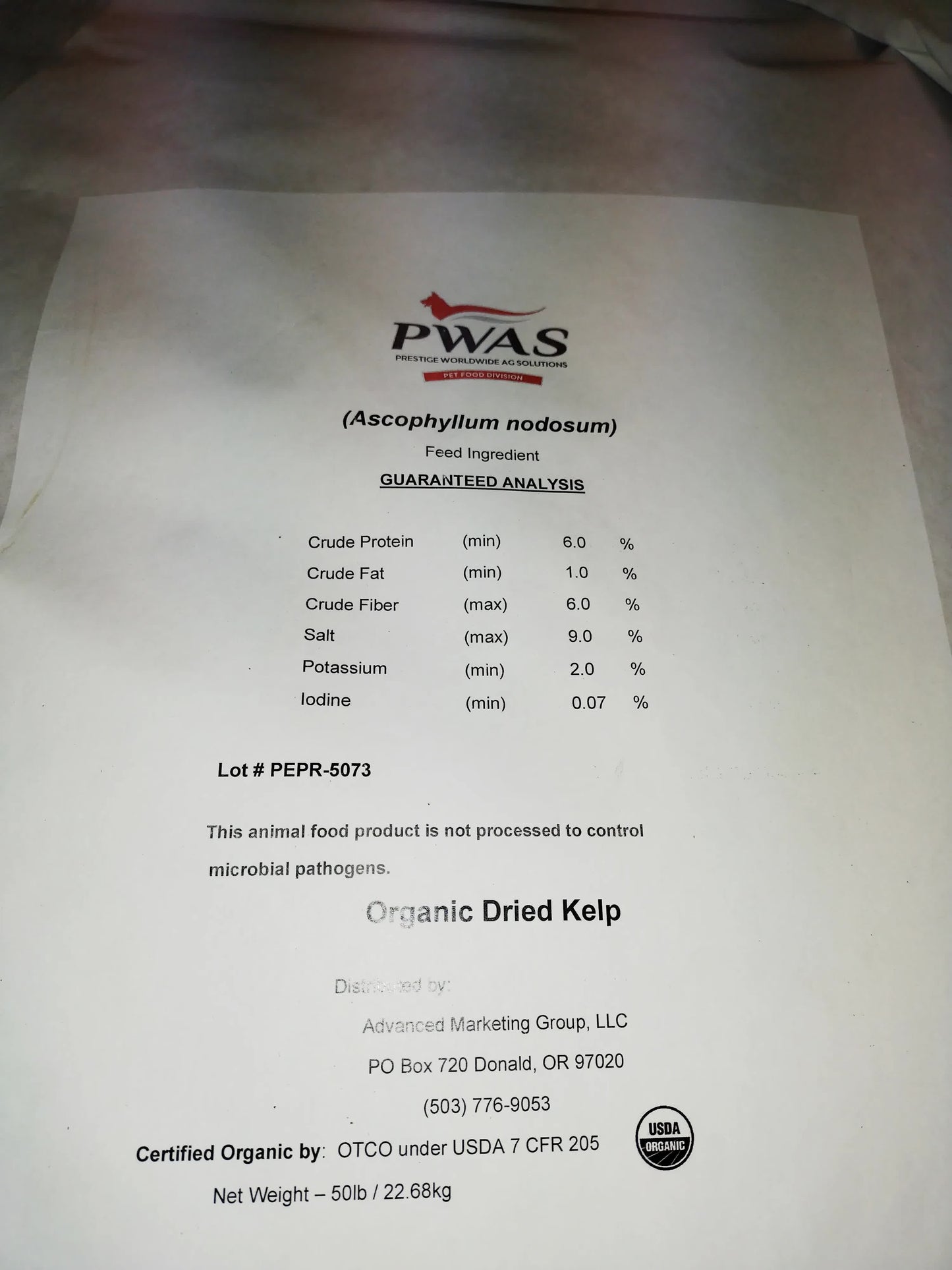 Organic Kelp Meal Label.