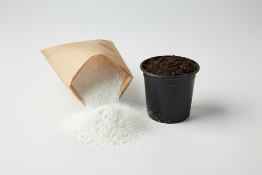 Fine white wollastonite powder spilling from a kraft paper bag beside a black nursery container filled with dark peat-based soilless growing media, on a clean white background.
