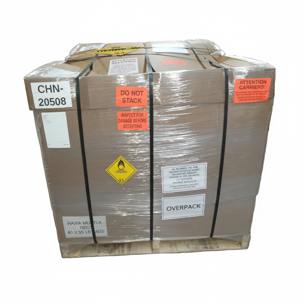 A pallet of hazardous material freight staged for LTL shipment with DOT Class 5.1 oxidizer placard labeling
