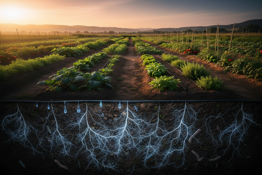 Cross-section of living market garden soil showing drip tape irrigation at the surface, dense white root networks, and active fungal mycelium biology underground with lush vegetable crops growing above