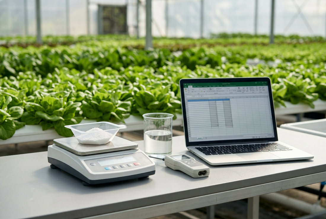 Laptop displaying a nutrient spreadsheet beside a fertilizer scale, water beaker, and handheld meter in a hydroponic lettuce greenhouse.