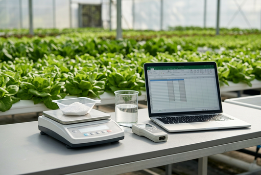 Laptop displaying a nutrient spreadsheet beside a fertilizer scale, water beaker, and handheld meter in a hydroponic lettuce greenhouse.