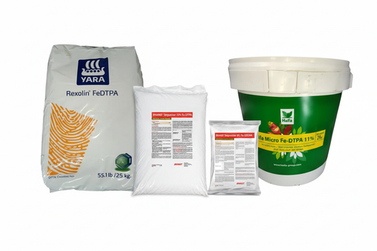 Five iron chelate fertilizer products grouped together — Sequestar EDTA, Rexolin DTPA, Sequestar EDDHA, Haifa Micro DTPA, and Metalosate Iron — representing the full range of iron chelate chemistries for hydroponics and fertigation