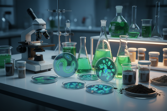  Laboratory setting with scientific glassware and microalgae samples illustrating soil microbiology science
