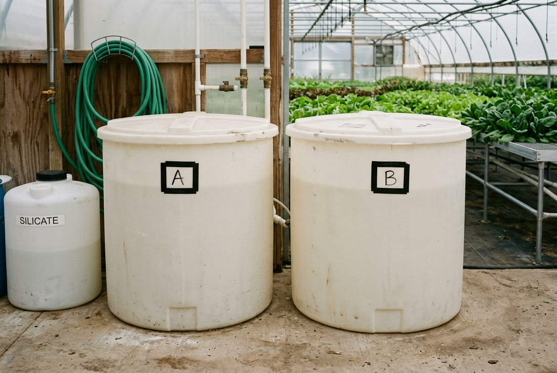 Fertilizer stock tanks labeled A and B beside a smaller silicate tank in a greenhouse with leafy vegetable crops