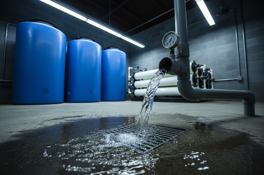 RO system drain line continuously discharging concentrate water into a floor drain in a commercial CEA facility utility room