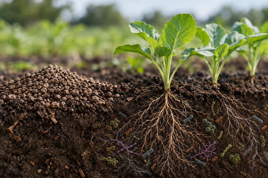 Organic fertilizer granules beside vegetable seedlings, with an illustrated cutaway of roots and soil microbes.