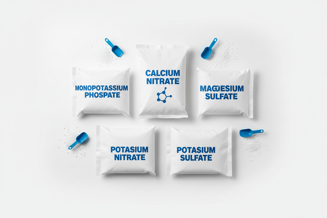 Water-soluble fertilizer raw inputs for custom concentrate mixing — calcium nitrate, monopotassium phosphate, magnesium sulfate, potassium nitrate, and potassium sulfate