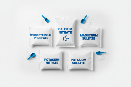 Water-soluble fertilizer raw inputs for custom concentrate mixing — calcium nitrate, monopotassium phosphate, magnesium sulfate, potassium nitrate, and potassium sulfate