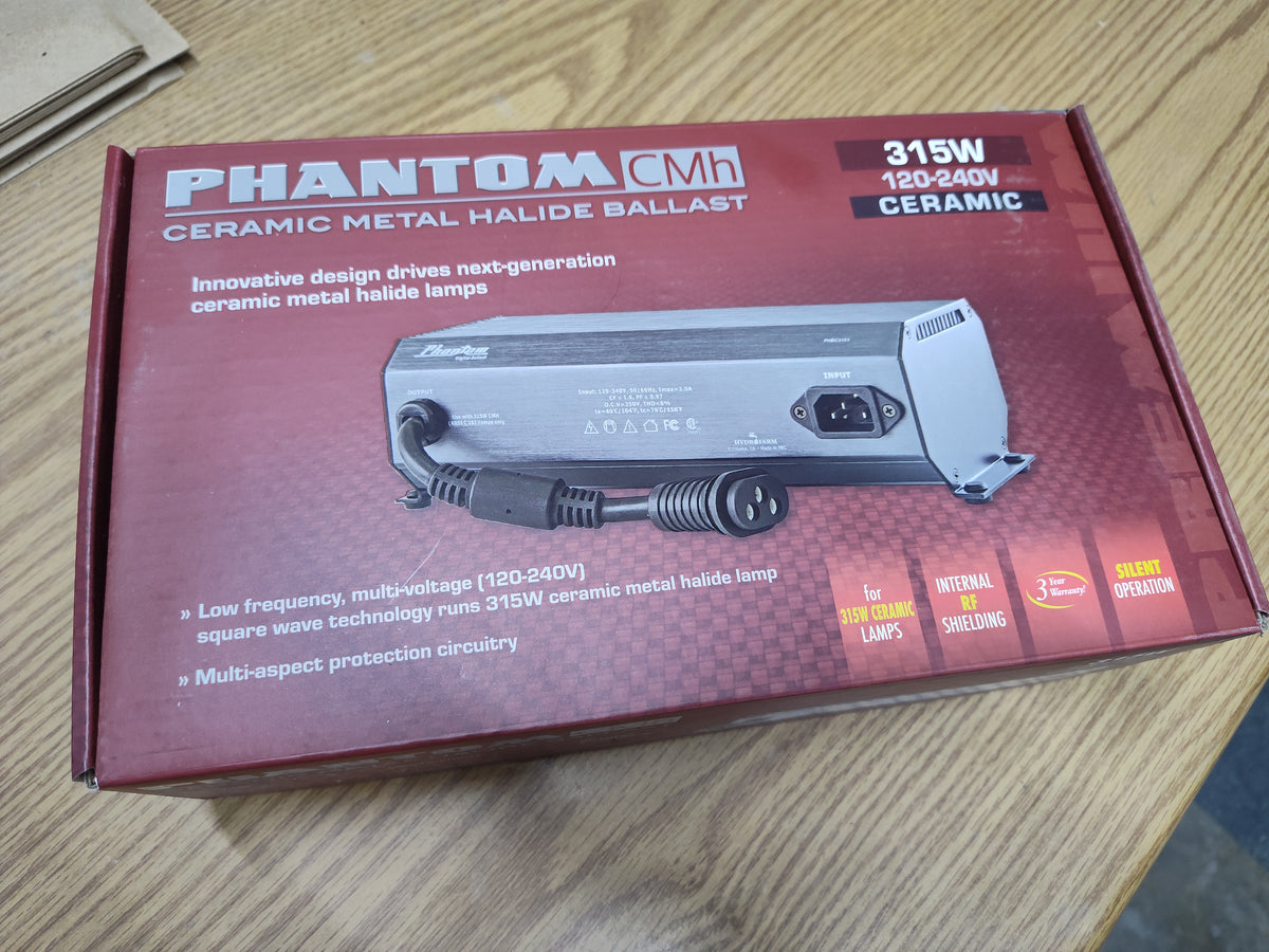 PHANTOM PHBC3151 315W CMH ballast box, English front panel with product illustration and 120–240V rating.