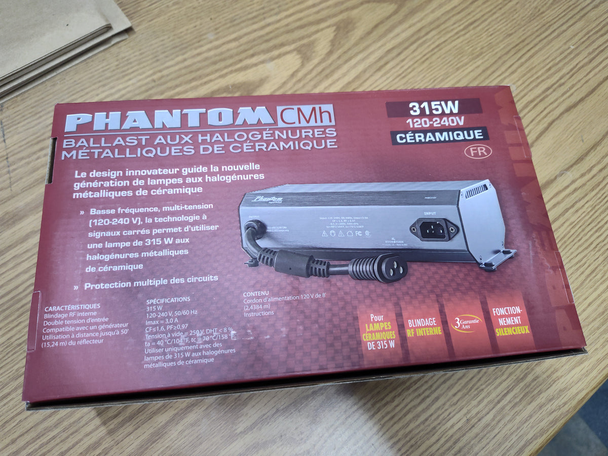 PHANTOM PHBC3151 315W CMH ballast box, French-language panel with features and specifications.