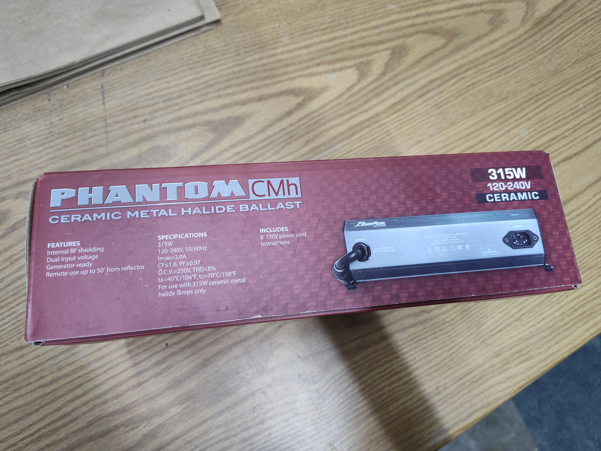 PHANTOM PHBC3151 315W CMH ballast box side panel with electrical specifications and included power cord information.