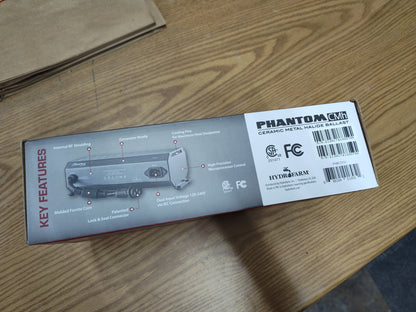 PHANTOM PHBC3151 ballast box side panel showing key features, Hydrofarm label and UPC barcode.