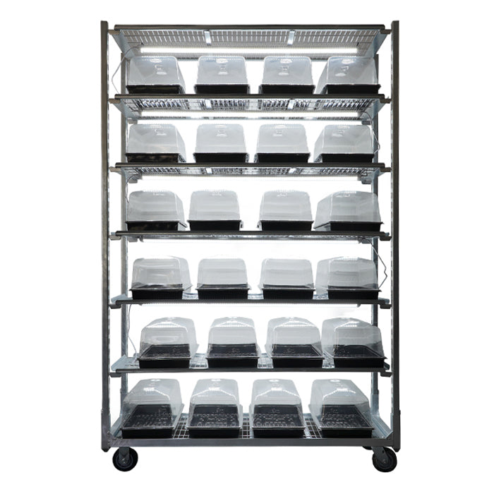 Metal shelving unit with multiple plant trays on a white background