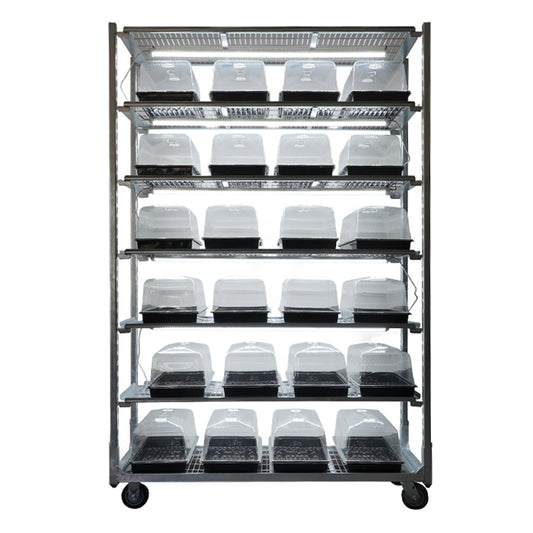 Metal shelving unit with multiple plant trays on a white background