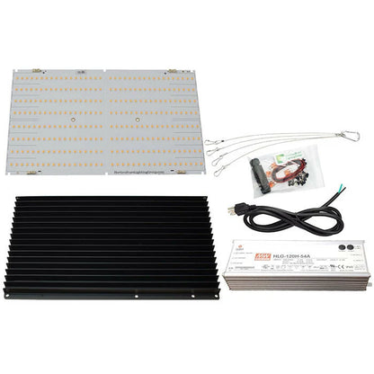 HLG 135 V2 Rspec LED grow light kit with Quantum Board, finned heatsink, Mean Well driver, cord and assembly hardware on a white background.