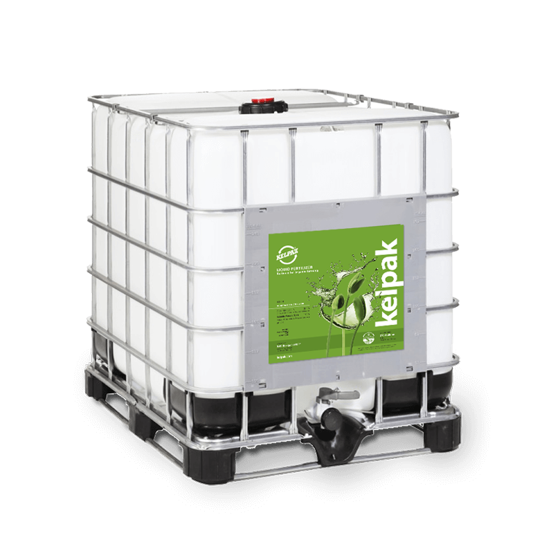 Large white IBC container of Kelpak liquid seaweed fertilizer with a green label on a white background