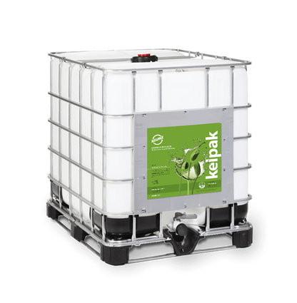 Large white IBC container of Kelpak liquid seaweed fertilizer with a green label on a white background