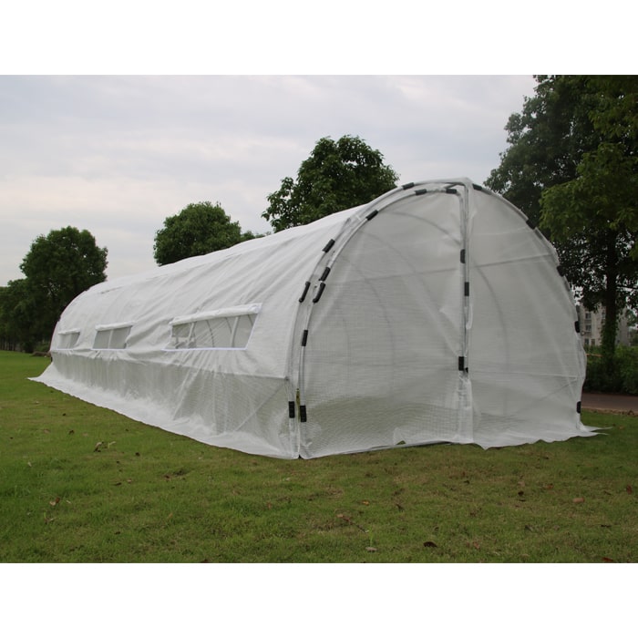 GROW1 32-foot hoop house with translucent cover, front door and side ventilation windows