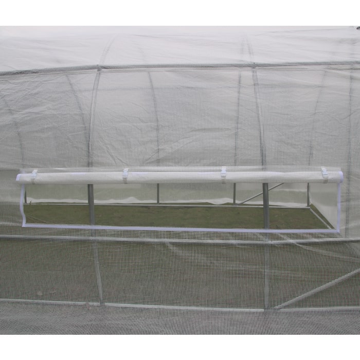 GROW1 hoop house side ventilation window with rolled-up cover flap