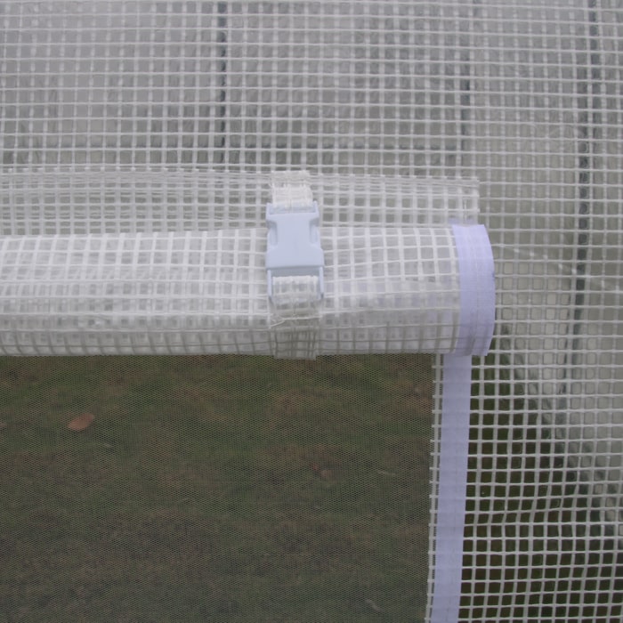 Close-up of GROW1 hoop house rolled window flap and securing straps